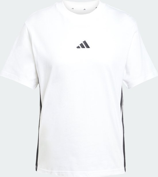 Wit t-shirt met zwart Adidas logo op de borst en zwarte strepen op de zijkanten.