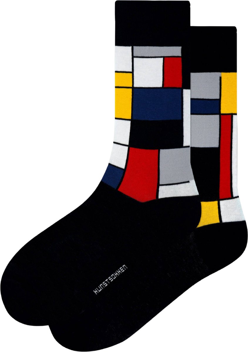 Kunst sokken - Compositie A: Piet Mondriaan - Sokken Heren 41 46 - Biologisch Katoenen Sokken - funny socks happy - Vrolijke Sokken - Grappige Sokken - Sokken Cadeau