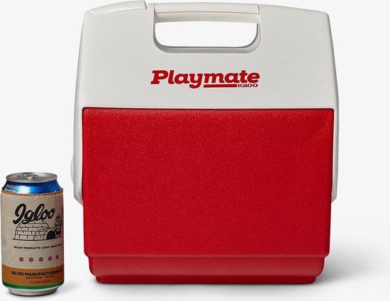 Witte koelbox met rood voorpaneel en 'Playmate Igloo' logo, naast een blikje.