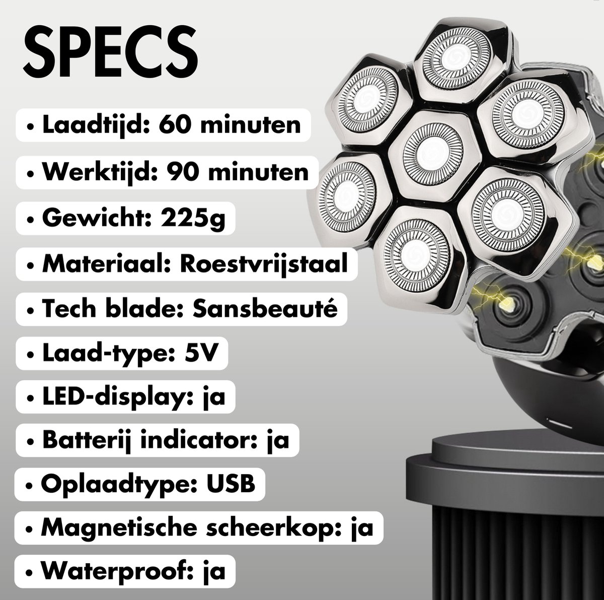 6-in-1 Scheerapparaat Mannen – Trimmer - Tondeuse - Sansbeauté® Skull Sharp PRO MAGNETIC - Electric Face & Head Shaver - Shave - Hoofd Kaal Scheren – Nat & Droog - Draadloos Opladen - Elektrisch thumbnail 3