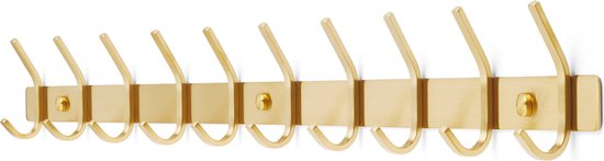 Goudkleurige wandkapstok met 10 haken, 78 cm lang.