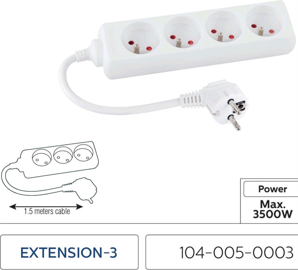 Stekkerdoos - Verlengsnoer-Verlengkabel - Met Penaarde - 4x 2P+E ,1.5 meter H05VV-F 1x1,5mm2, Imax=16A, wit max 3680 watt VOOR BELGIE