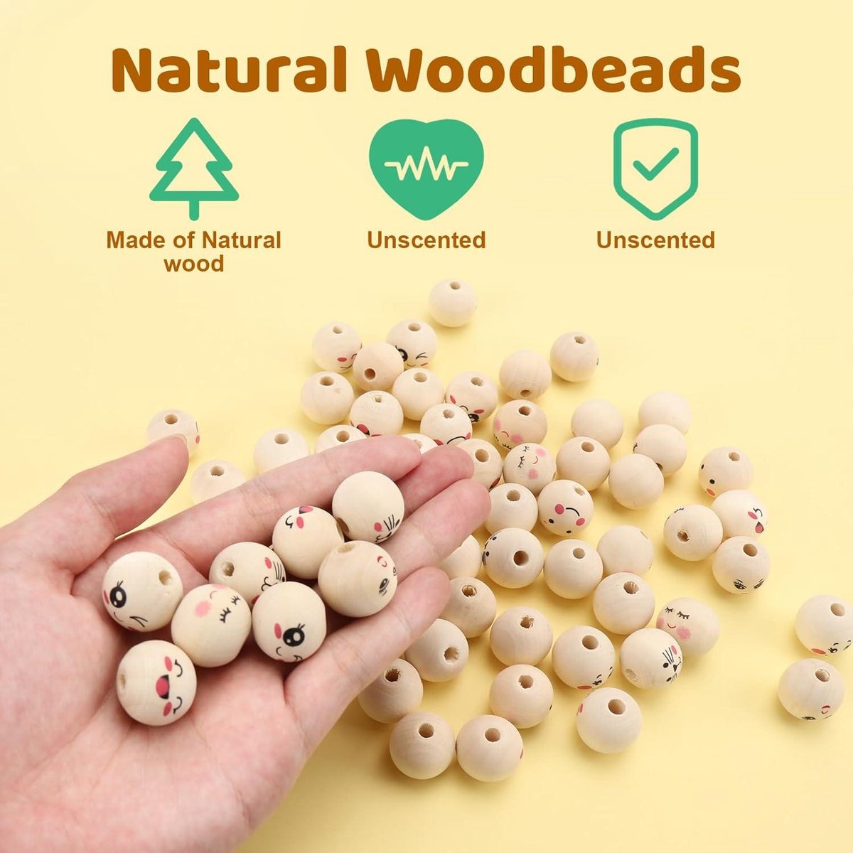 PH PandaHall 100 stuks houten kralen met gezicht, 18 mm, ronde afstandhouders met groot gat voor sieraden, doe-het-zelf halskettingen, kerstwerk, gat: 4,5 mm