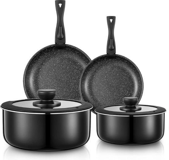 Maison Luméa® 17-delige Granieten Pannenset - Wit Met Houten Handgrepen Geschikt Voor Inductie Gas Keramisch Elektrisch Luxe Japandi Stijl Pfas Vrij Anti Aanbaklaag