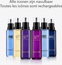 Zes MUGLER parfumflessen op een rij: twee blauwe, twee paarse en twee donkerblauwe.