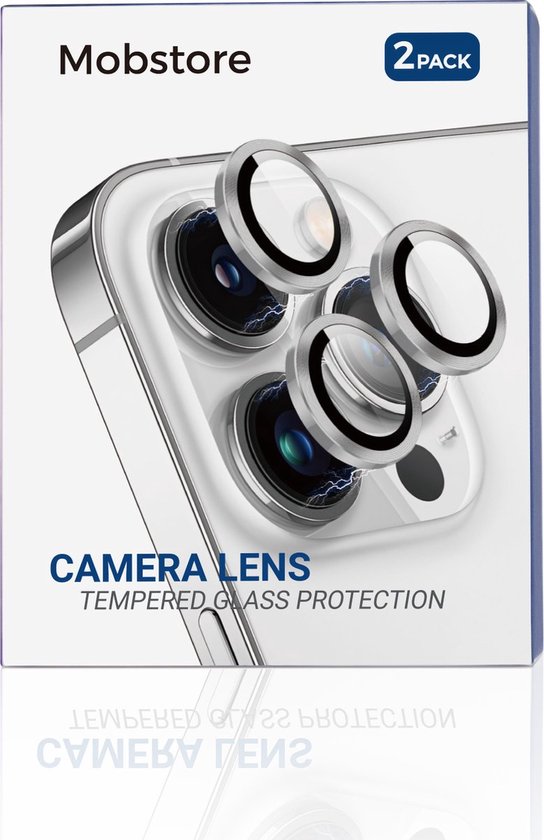 Verpakking met twee Mobstore camera lens beschermers voor iPhone.