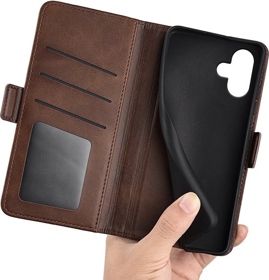 Étui portefeuille en cuir PU pour iPhone 16 Plus -- Fermeture magnétique - Housse de Luxe - Couvrant l'écran - Porte-cartes - Espèces - Espèces - Cartes marron foncé
