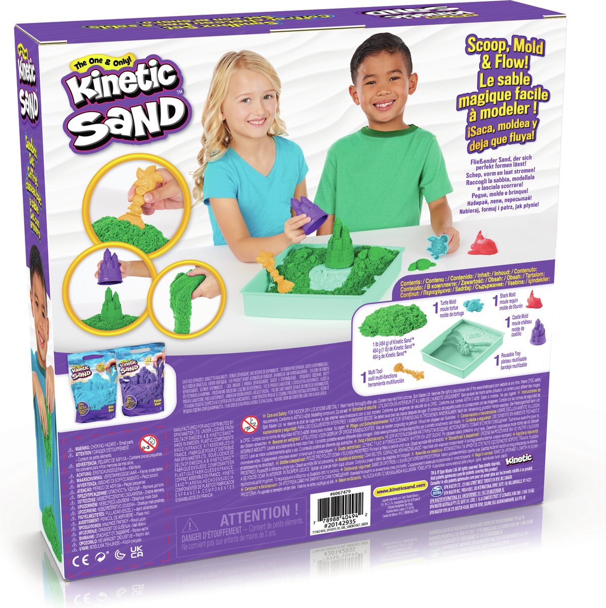 Kinetic Sand - Zandbak-set met 454 g groen origineel Kinetic Sand opbergzandbak 4 vormen en gereedschap - Sensorisch speelgoed — afbeelding 17
