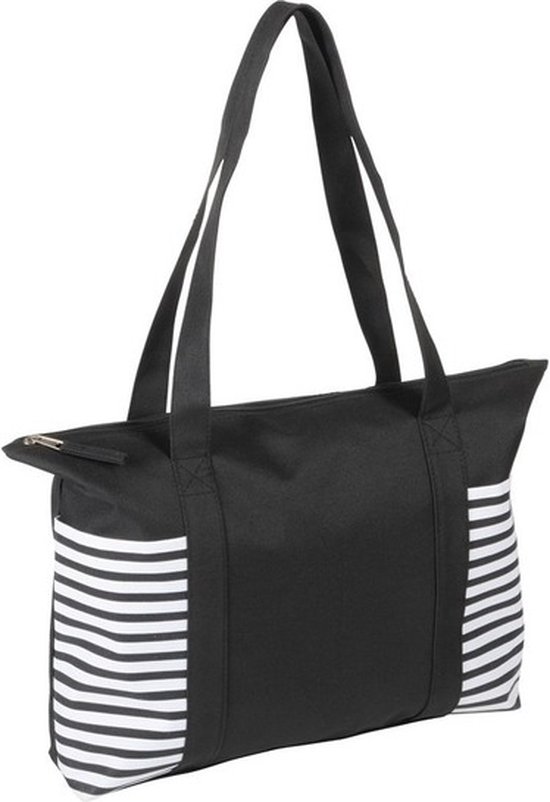 Strandtas met streepmotief - zwart/wit - 44 x 31 cm - Strandartikelen beach bags/shoppers met ritssluiting