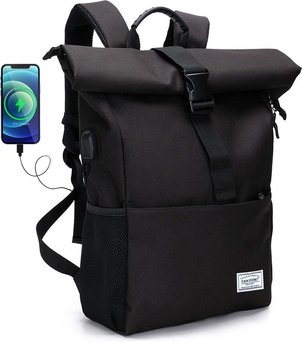 TANTOMI Rugzak - Rolltop Rugzak – 25-40L - Waterdicht - Externe USB-Poort - Laptopvak 15,6 inch - Ideaal voor Werk, Reizen & Outdoor - Zwart