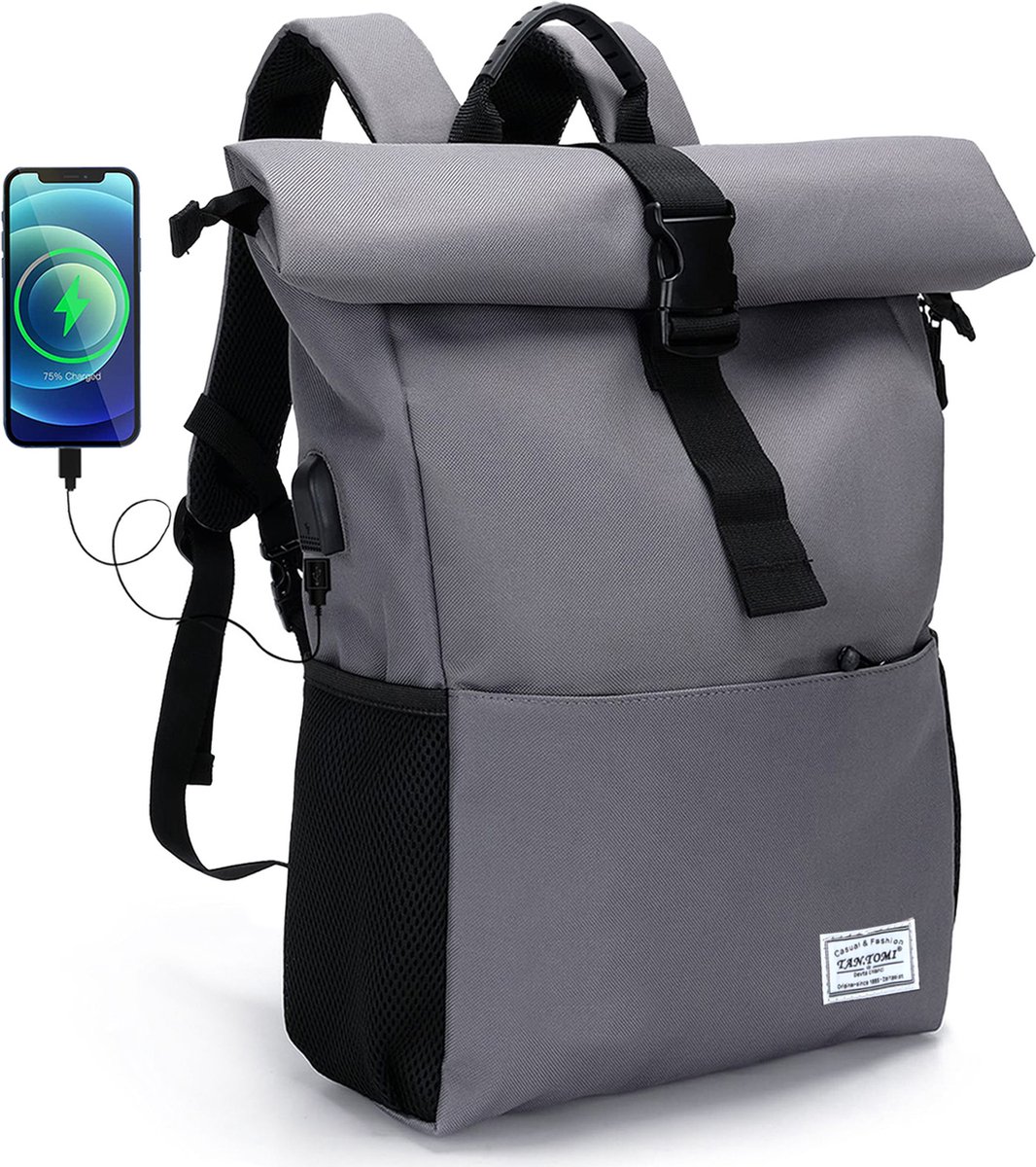 FASSIONA Rugzak - Rolltop Rugzak – Waterdicht, 25-40L, Laptopvak 15,6 inch, Externe USB-Poort, Ideaal voor Werk, Reizen & Outdoor - Grijs