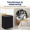Zwarte wasmand met bamboe frame, naast een opgeruimde slaapkamer. Collage met voor en na van wasgoed.