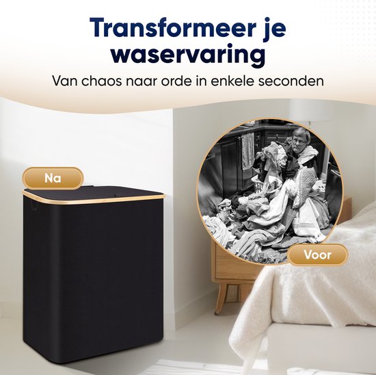 Zwarte wasmand met bamboe frame, naast een opgeruimde slaapkamer. Collage met voor en na van wasgoed.