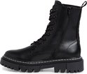 Zwarte Tamaris leren veterlaars met ritssluiting, witte stiksels en profielzool.