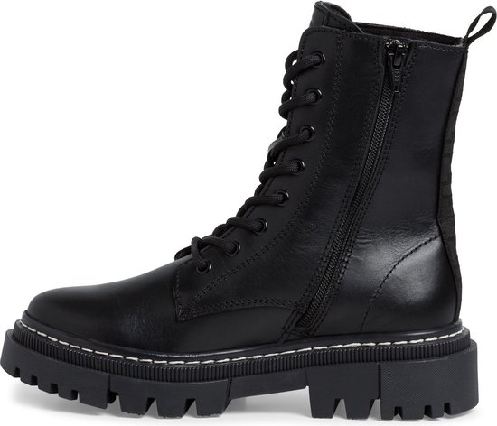 Zwarte Tamaris leren veterlaars met ritssluiting, witte stiksels en profielzool.