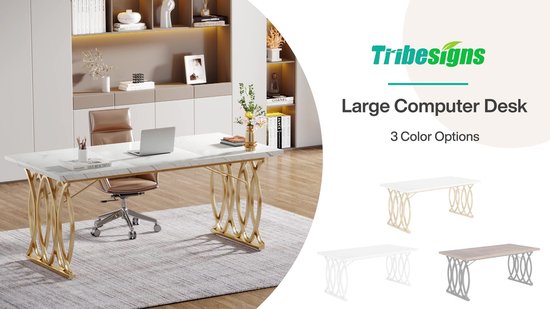 TRIBESIGNS - Table d'ordinateur - Bureau pour bureau à domicile - Avec Pieds dorés - Moderne - Or et Wit - 160 x 80 x 75 cm