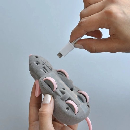 Grijze speelgoedmuis met roze wieltjes, een USB-kabel wordt aangesloten.