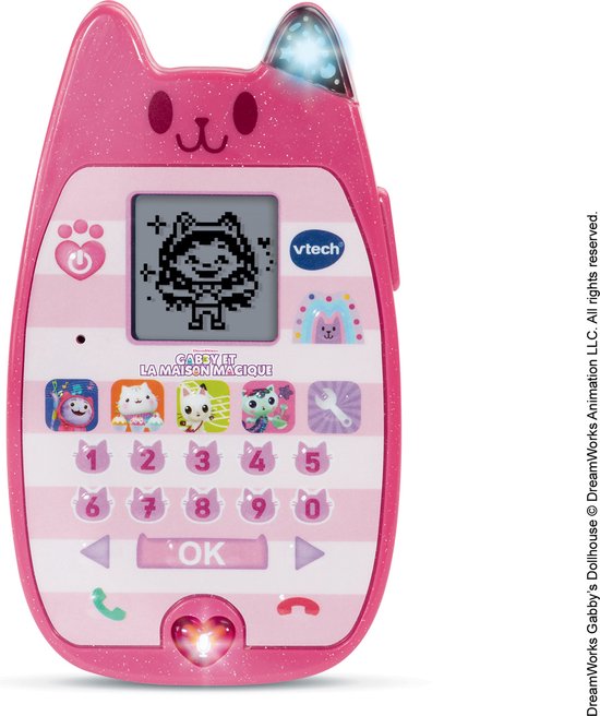 Roze VTech smartphone in kattenvorm met glitter, strepen en spelletjes.