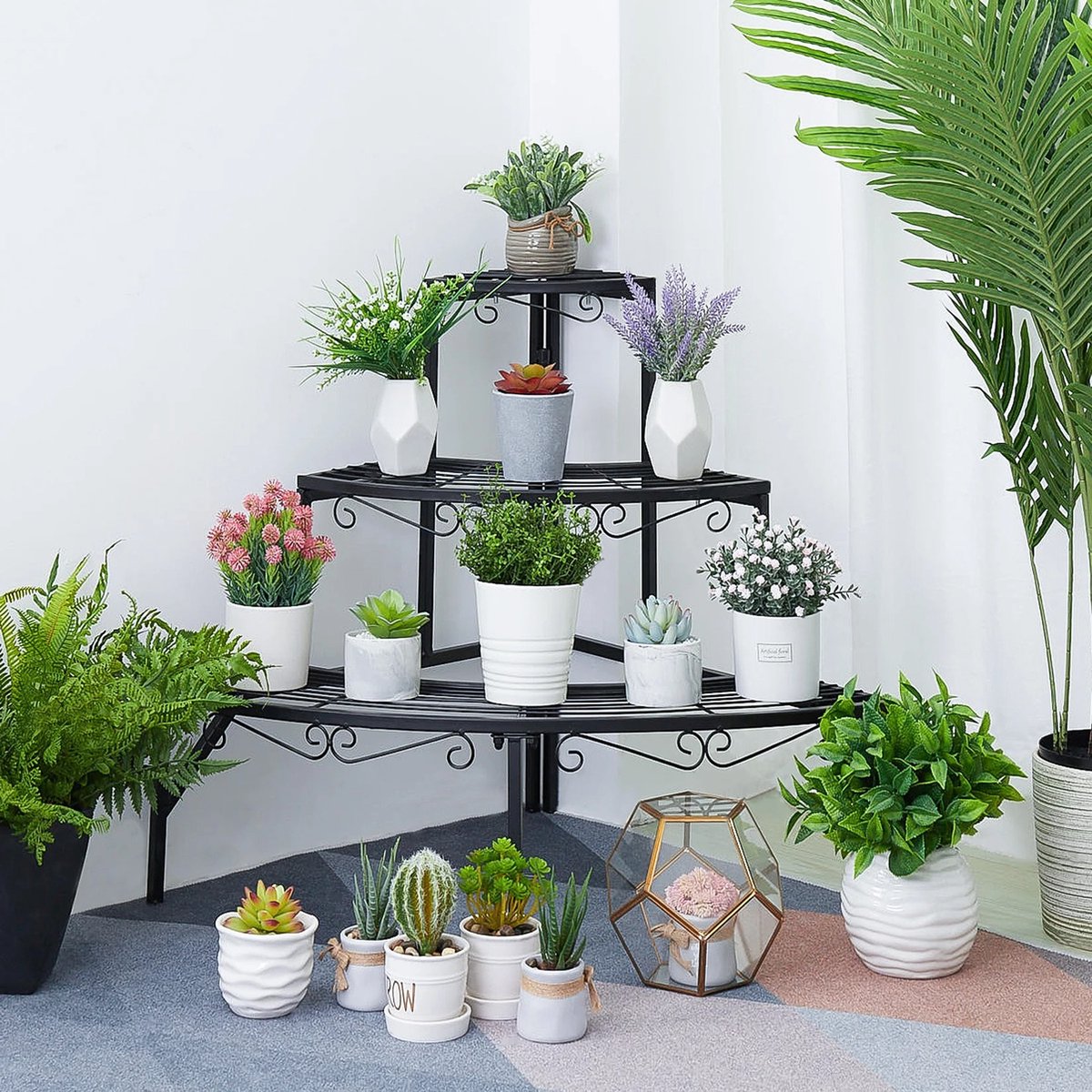 aboxoo 3 Tier Plant Stand Bloempot Rek, Metalen Trap-Stijl Hoek Plank Planters, Kwart Ronde Display Houder voor Binnen Buiten Gebruik (zwart, Halve Cirkel