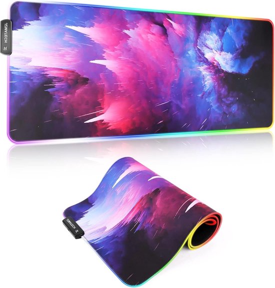 Foto: Gaming rgb xxl muismat 800 x 300 mm 14 verlichtingsmodi groot 7 led kleuren voor computer pc gamer extra usb ingang graffiti violet