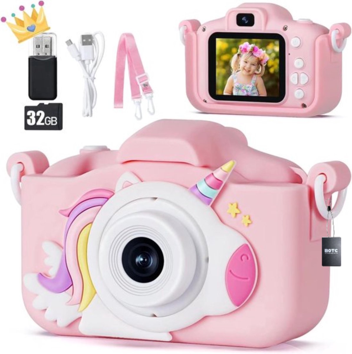 BOTC Kindercamera 32GB SD-kaart Digitale Kindercamera HD 1080p Fototoestel voor Kinderen Roze