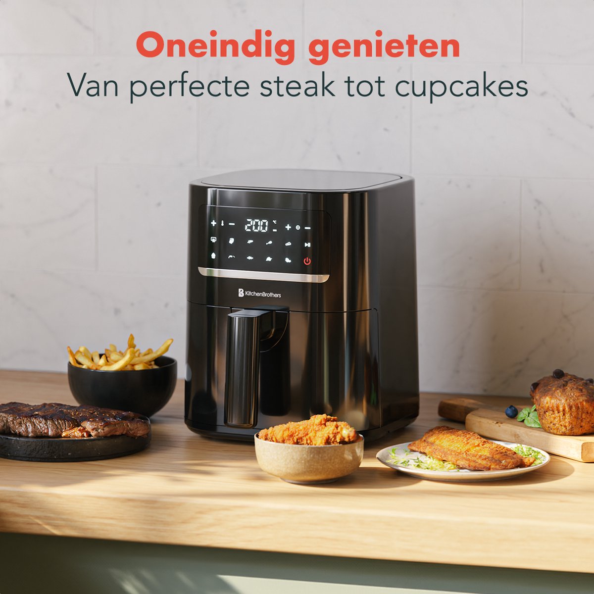 Afbeelding 3 van KitchenBrothers Airfryer - 1400W - 3,3L - Heteluchtfriteuse - 50ºC tot 200ºC - Compact - 10 Kookprogramma's - Zwart