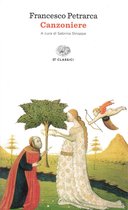 Boek kaft met illustratie van 'Canzoniere' door Francesco Petrarca. Een zwangere vrouw in wit kleed, een monnik in rood met kap, een boom en cupido met pijl en boog.