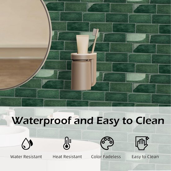 Dikke 3D-plaktegels, groene tegelstickers, metro tegels, zelfklevende wandbekleding voor badkamer en keuken, 10 stuks, keukenachterwand, wandtegels, zelfklevend, 30,5 x 30,5 cm