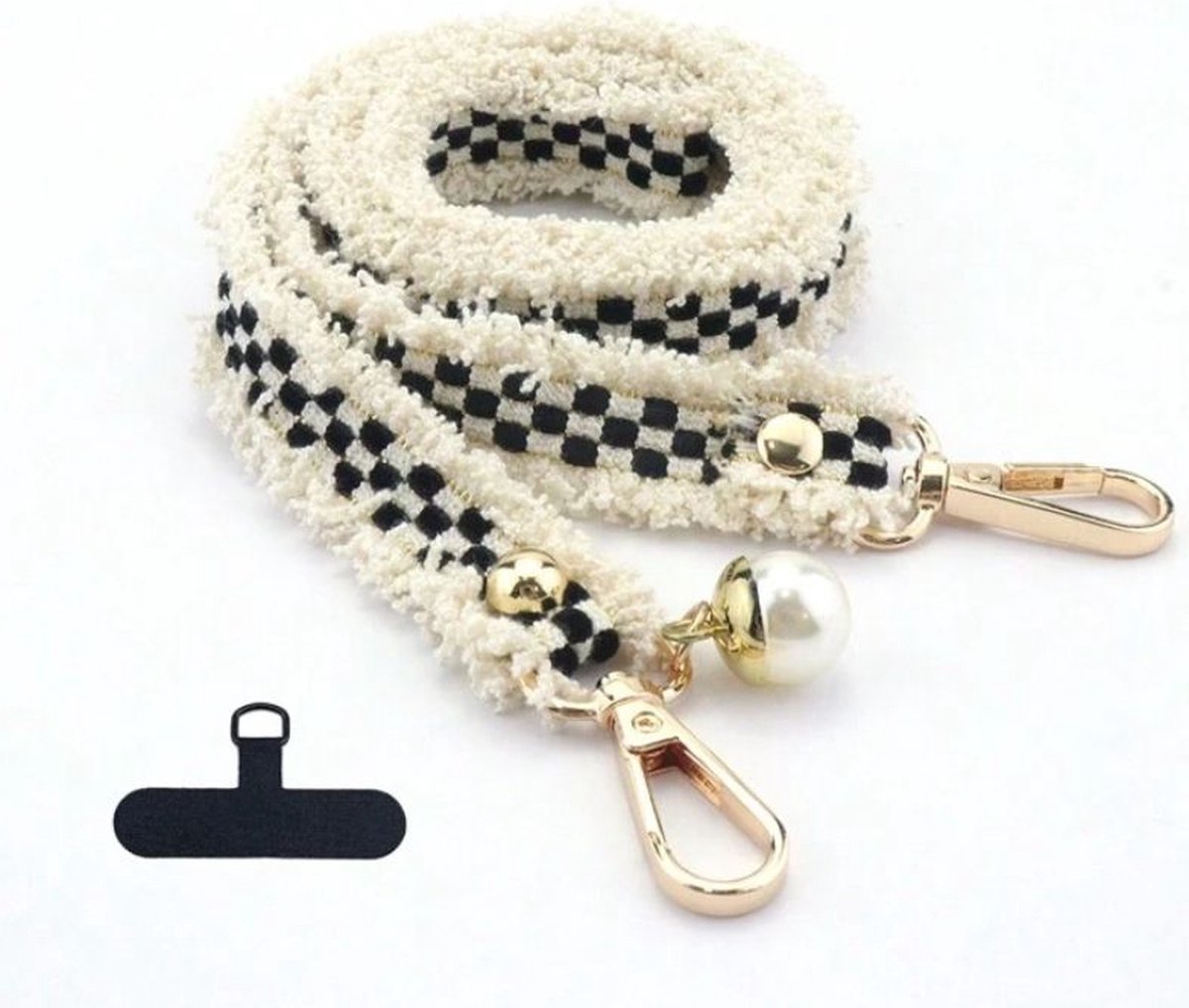 F I K A.® - Telefoonkoord – Telefoon strap – Parel decoraties – Telefoon riem – Telefoon koord – Zwart – Beige - Parels – Wit – Goud - Cadeau voor vrouwen - Valentijn cadeau vrouw