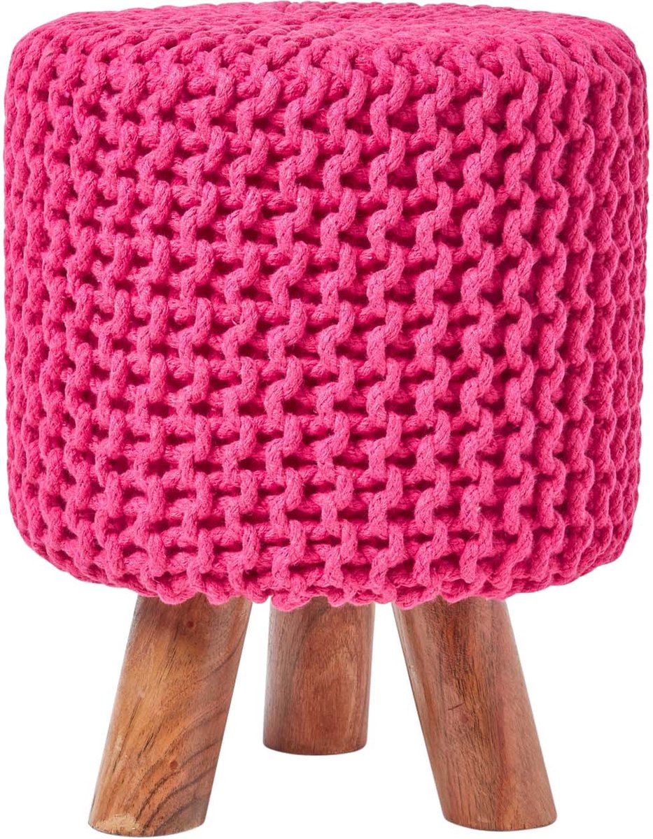 HOMESCAPES Pouf Tressé Tricot Pieds Bois Bleu Marine 62x62x30 Cm - Siège Et Repose-Pieds