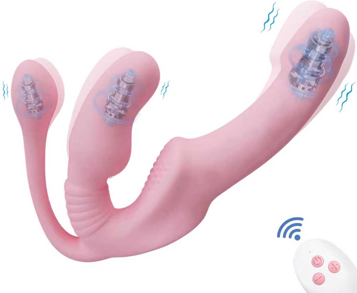Goedkoopste 3 in 1 Strap-on Vibrator - Penetratie bij man of vrouw - Anale en vaginale stimulatie - Lesbisch - G-spot en clitoris - Intense orgasmes - Draadloze afstandsbediening - Oplaadbaar