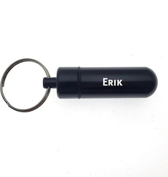 Porte-clés - Pilulier - Avec nom - Erik - Médicaments - Étui d'identité - Zwart