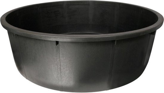 Zwarte, ronde kuip van 275 liter met platte onderkant en verstevigde rand.
