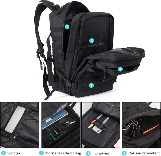 Zwarte tactische rugzak geopend, met compartimenten voor laptop, zijvakken en voorvak.