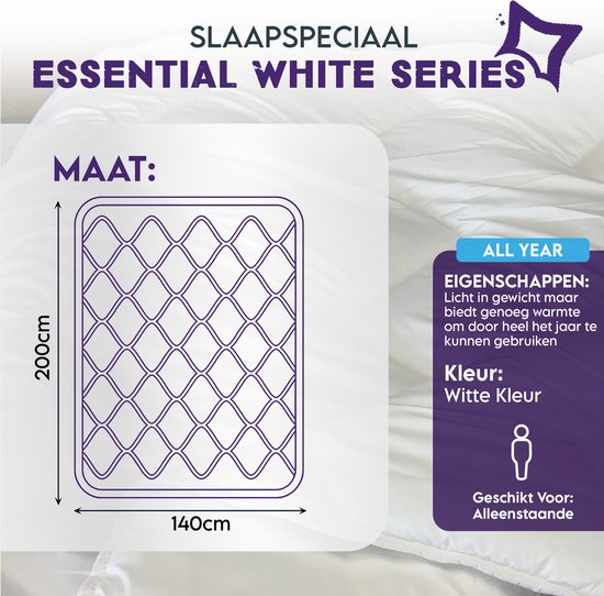 Slaapspeciaal All year dekbed enkel - Essential White Series | 140x200 - Dekbed Geschikt Voor Alle Seizoenen - Zomerdekbed & Winterdekbed - Anti Allergie - Hoogwaardige Ultra Soft - Hotelkwaliteit - Eenpersoons Dekbed