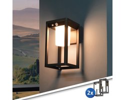 RexTech Solar wandlamp buiten 'Svea' - Voordeelset van 2 stuks - Warm wit licht - 4 lichtstanden - Buitenlamp op zonne-energie - Industriële wandlamp - Metaal - Zwart