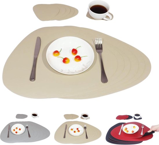 HELI MIAO Set van 6 placemats van imitatieleer, afwasbaar en waterdicht, placemats in lederlook met onderzetters, dubbelzijdig antislip (rond, donkerbruin zwart
