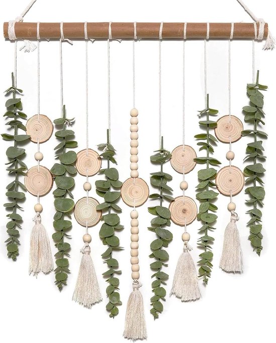 Foto: Boho wanddecoratie wandtapijt met houten kralen en gesimuleerde eucalyptusbladeren voor woonkamer slaapkamer studio 