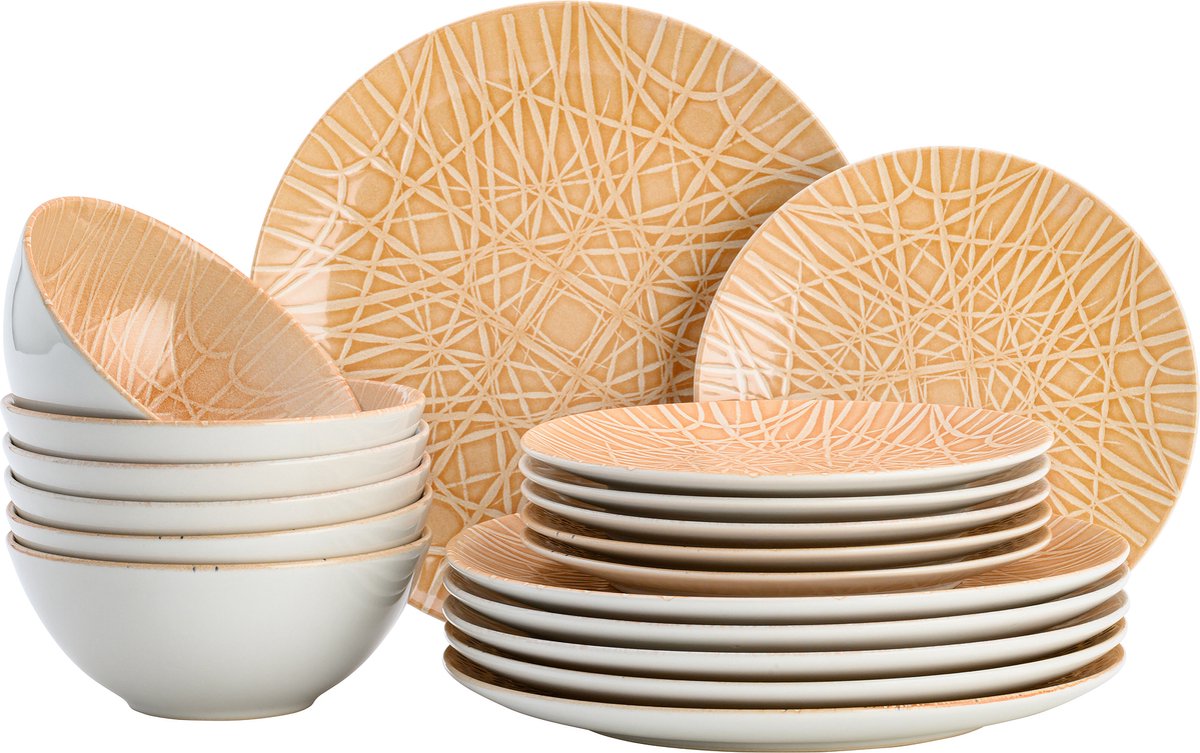 Lite-Body Lite-Body Serviesset Hermes -Bamboo peach - 6 persoons - 18 delig - Bordenset - Ontbijtborden - Dinerborden - Kommen - Servies - Vaatwasser- en Magnetronbestendig - Chic en Trendy