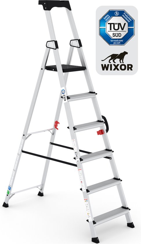 Foto: Wixor trapladder handyman huishoudtrap 6 treden professionele trap enkel oploopbare trap keukentrap tuv gecertificeerd en131