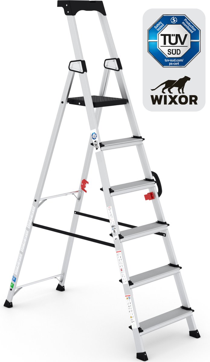 Wixor Trapladder Handyman | Huishoudtrap 6 treden | Professionele trap | Enkel Oploopbare trap | Keukentrap | Trapladder | Tuv-gecertificeerd | EN131