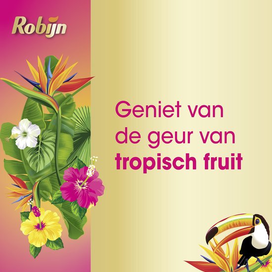 Tropische bloemen, bladeren en een toekan met de tekst 'Geniet van de geur van tropisch fruit'.