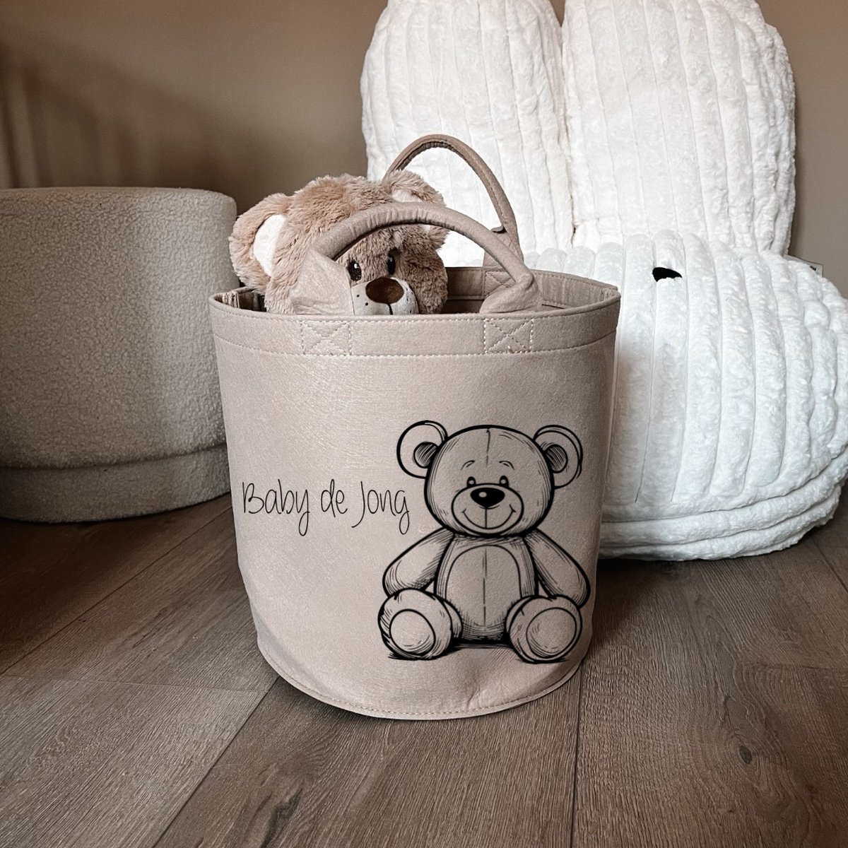 Opbergmand voor babykamer-kinderkamer-woonkamer-Bedrukte mand met beer en naam-Persoonlijke opbergmand kind met naam-30x30cm-Sand