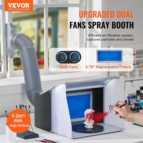 VEVOR Airbrush-spuitcabine-kit 405 x 330 x 355 m, Draagbaar Airbrush-afzuigsysteem, Airbrush-spuitcabine-afzuigsysteem 5,2 m³/min met Dubbele Ventilatoren voor het Maken van Airbrush-modellen, Schilderwerkzaamheden, enz. van Vevor — afbeelding 3