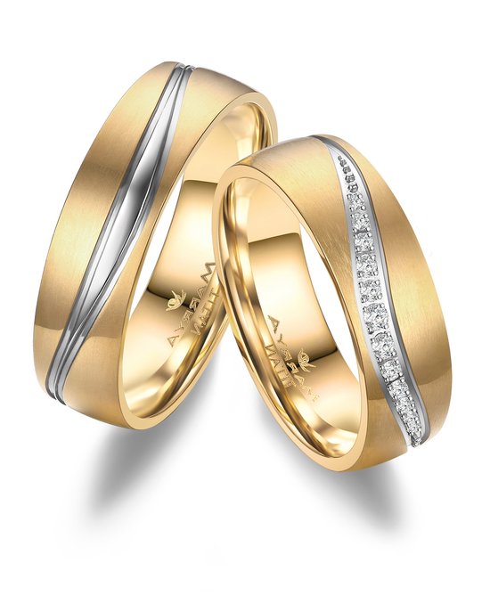 Jonline SET Trouwringen Titanium 14 Karaat Goud Zirkonia 6 mm| Vriendschapsringen | Relatie ringen