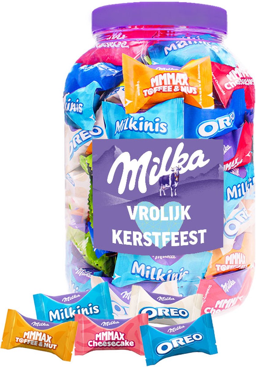 Milka Favourites chocolademix voor Kerst "Vrolijk Kerstfeest" - Toffee & Nut, Oreo, Cheesecake & Milkini - 5 smaken - chocolade kerstcadeau - 1000g