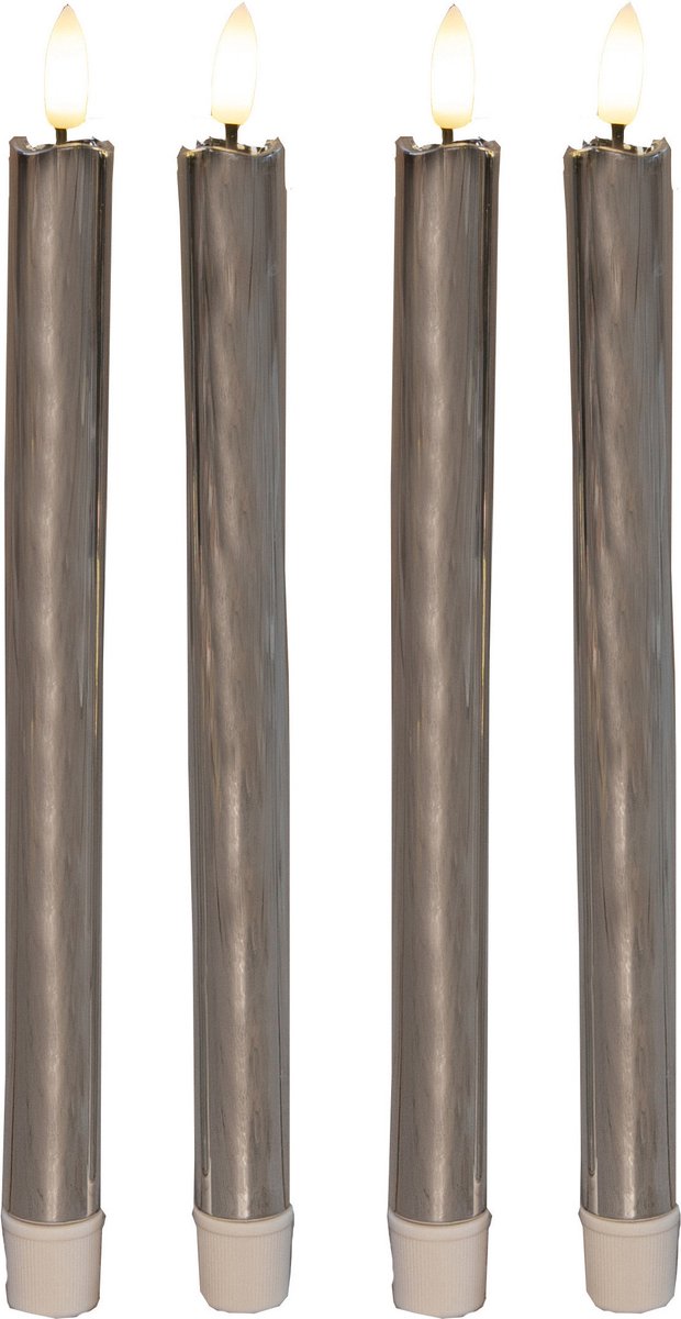 Anna's Collection LED dinerkaarsen - 4x st - zilver glimmend - 25 cm - met timer - 3D vlam
