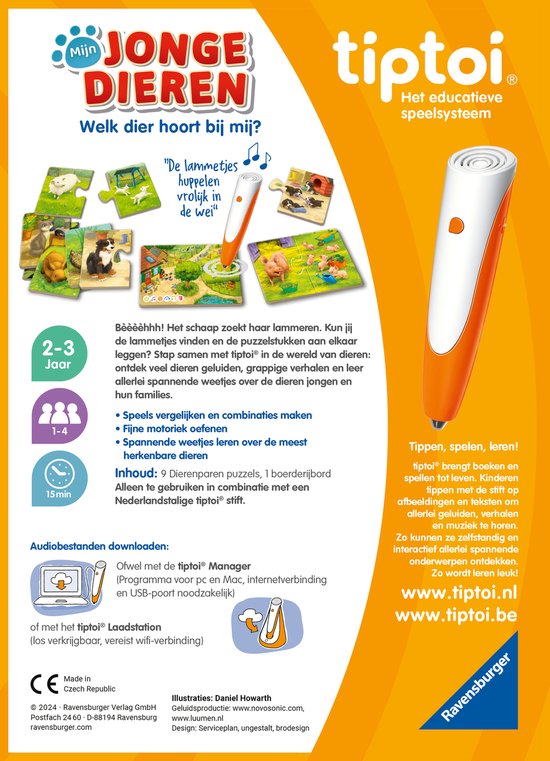 Tiptoi pen en speldoos met jonge dieren, met puzzelstukken, Nederlandse tekst.