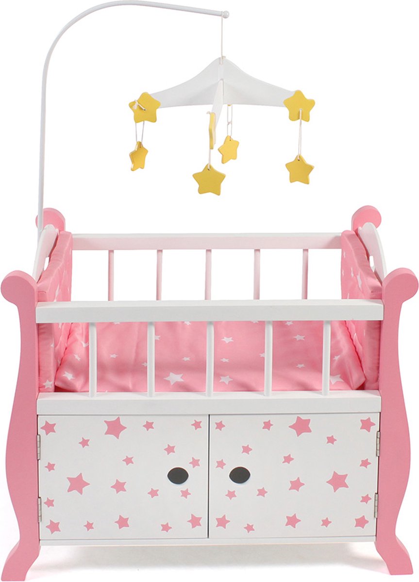 Bayer Chic 2000 - Houten Poppen ledikantje met mobiel - Pink Stars