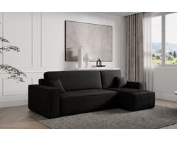 Hoekbank met opbergruimte Frenkie - Zwart - Ribstof Velvet - Zetel - Slaapbank - Universeel - Links of Rechts - Hoekzetel - Chaise longue - Zetel met slaapgedeelte - 3 zits